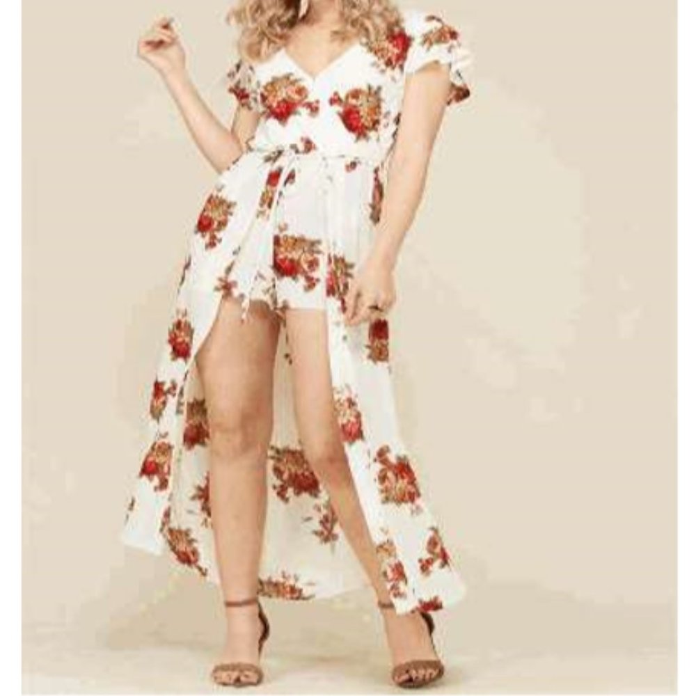 Romper Floral Print with Skirt one piece Off white